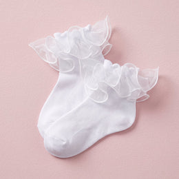FRILLORA Girls Fluffy Double-Lace Ruffle Socks - White - 1 Pair