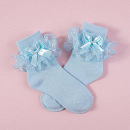 FRILLORA Women's Big Ruffle Bow Dress Socks - Blue - 1 Pair