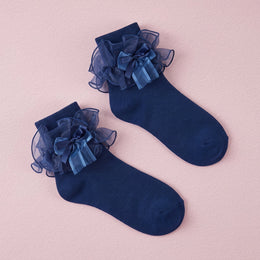 FRILLORA Women's Big Ruffle Bow Dress Socks - Navy Blue - 1 Pair