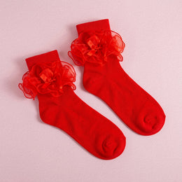 FRILLORA Women's Big Ruffle Bow Dress Socks - Red - 1 Pair