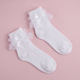 FRILLORA Women's Big Ruffle Bow Dress Socks - White - 1 Pair