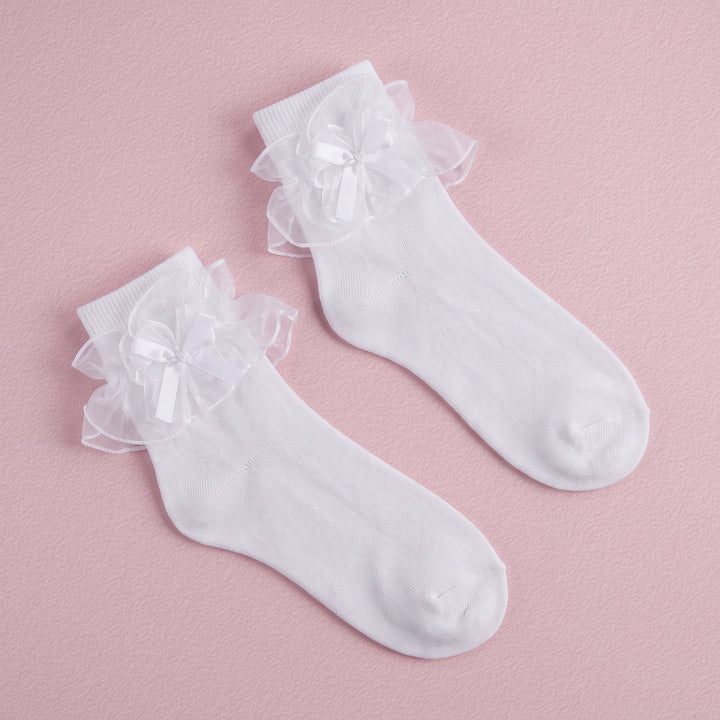 FRILLORA Women's Big Ruffle Bow Dress Socks - White - 1 Pair