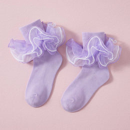 FRILLORA Girls Fancy 4-Layer Ruffle Pageant Socks - Purple - 1 Pair