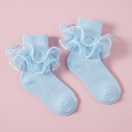 FRILLORA Girls Fancy 4-Layer Ruffle Pageant Socks - Light Blue - 1 Pair