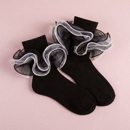 FRILLORA Girls Fancy 4-Layer Ruffle Pageant Socks - Black - 1 Pair