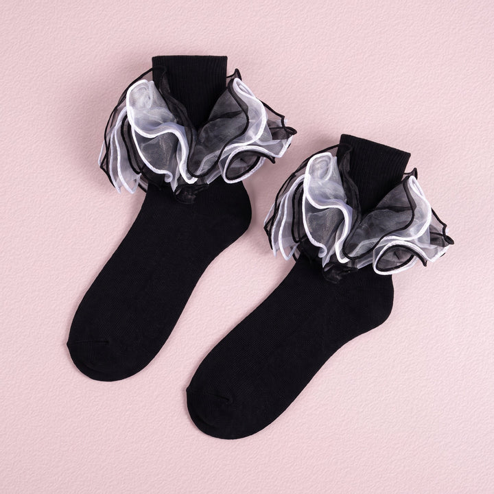 FRILLORA Women's Fluffy 4-Layer Ruffle Socks - Black - 1 Pair