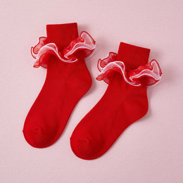 FRILLORA Women's Fluffy 4-Layer Ruffle Socks - Red - 1 Pair