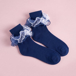 FRILLORA Women's Fluffy 4-Layer Ruffle Socks - Navy Blue - 1 Pair