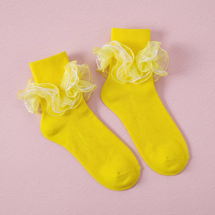 FRILLORA Women's Fluffy 4-Layer Ruffle Socks - Yellow - 1 Pair
