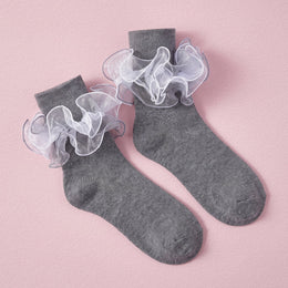 FRILLORA Women's Fluffy 4-Layer Ruffle Socks - Grey - 1 Pair