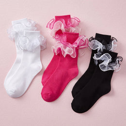 FRILLORA Women's Ruffle Fold-Cuff Dress Socks - Black, White, Hot Pink - 3 Pairs