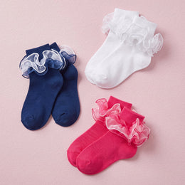 FRILLORA Women's Ruffle Fold-Cuff Dress Socks - Navy Blue, White, Hot Pink - 3 Pairs