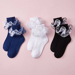 FRILLORA Women's Ruffle Fold-Cuff Dress Socks - Black, White, Navy Blue - 3 Pairs