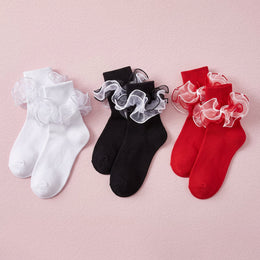 FRILLORA Women's Ruffle Fold-Cuff Dress Socks - Black, White, Red 2# - 3 Pairs