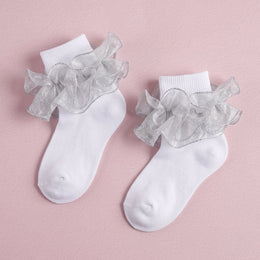 FRILLORA Girls Glitter Ruffle Turn-Cuff Socks - Silver - 1 Pair