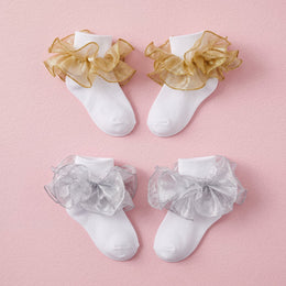 FRILLORA Girls Sparkling Ruffle Dress Socks - Gold, Silver - 2 Pairs