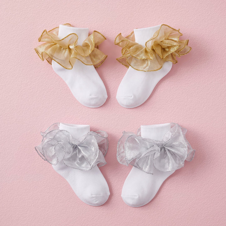 FRILLORA Girls Sparkling Ruffle Dress Socks - Gold, Silver - 2 Pairs