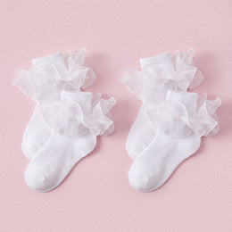 FRILLORA Girls Sparkling Ruffle Dress Socks - White - 2 Pairs