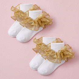 FRILLORA Girls Sparkling Ruffle Dress Socks - Gold - 2 Pairs