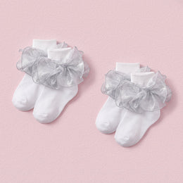 FRILLORA Girls Sparkling Ruffle Dress Socks - Silver - 2 Pairs