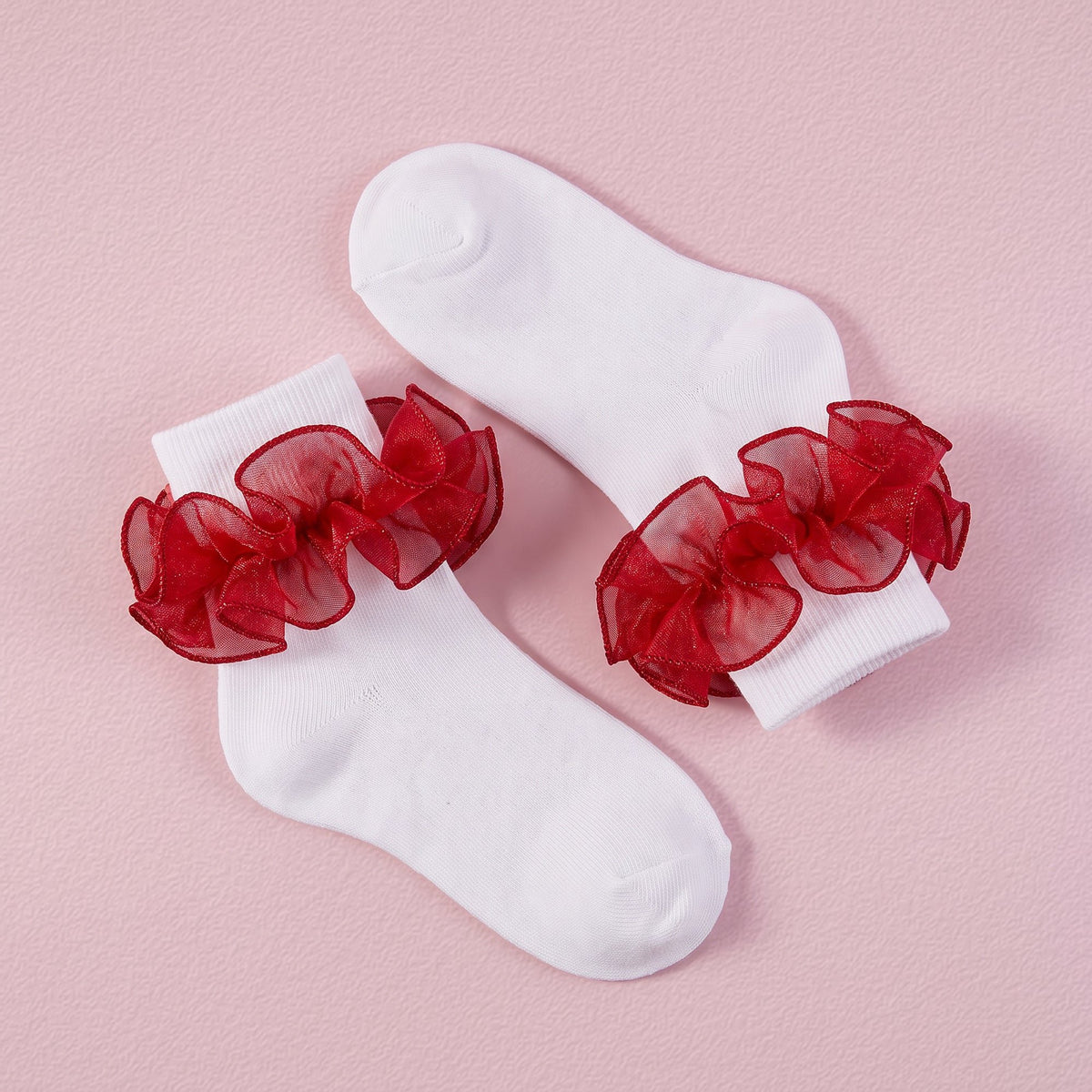FRILLORA Women's Fluffy Ruffle Turn-Cuff Socks - Red - 1 Pair