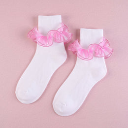 FRILLORA Women's Fluffy Ruffle Turn-Cuff Socks - Pink - 1 Pair