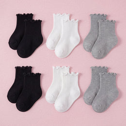 FRILLORA Baby & Toddler Girl Ruffle Crew Socks - White, Black, Grey - 6 Pairs