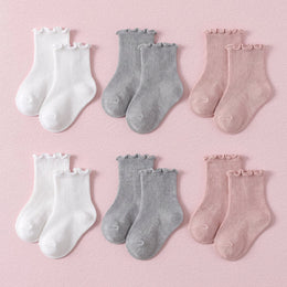 FRILLORA Baby & Toddler Girl Ruffle Crew Socks - White, Pink, Grey - 6 Pairs