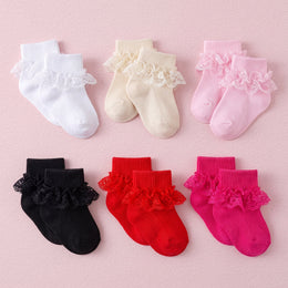 FRILLORA Baby Girl Ruffle Grip Socks with Lace Cuff - Black, White, Pink, Beige, Red, Hot Pink - 6 Pairs