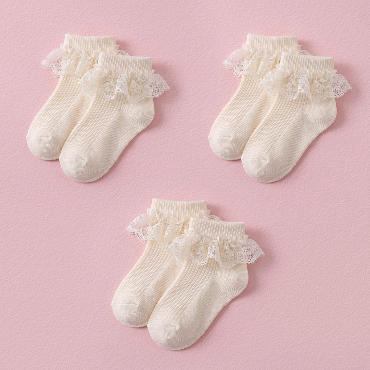 FRILLORA Baby Girl Ruffle Grip Socks with Lace Cuff - Beige - 3 Pairs