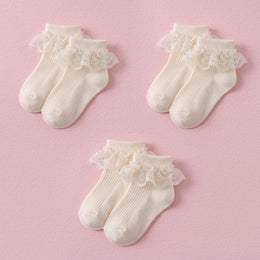 FRILLORA Baby Girl Ruffle Grip Socks with Lace Cuff - Beige - 3 Pairs