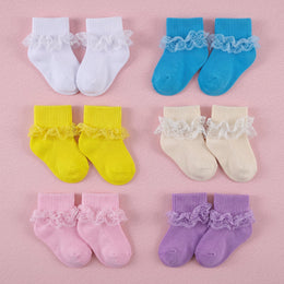 FRILLORA Baby Girl Ruffle Grip Socks with Lace Cuff - White, Pink, Blue, Purple, Yellow, Beige - 6 Pairs