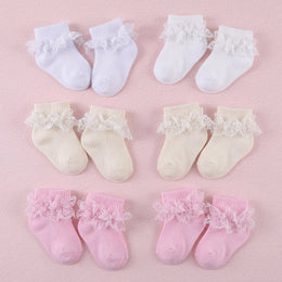 FRILLORA Baby Girl Ruffle Grip Socks with Lace Cuff - White, Beige, Pink - 6 Pairs