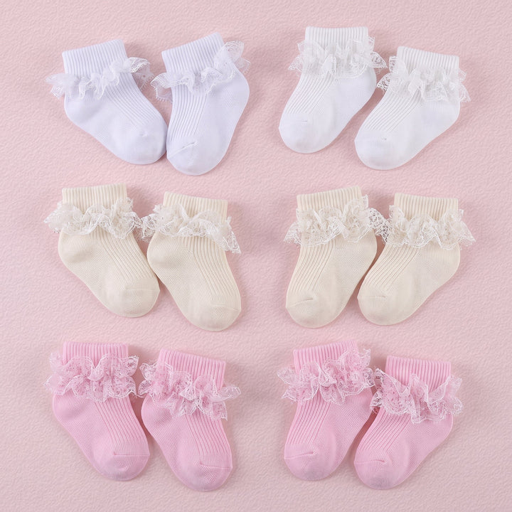 FRILLORA Baby Girl Ruffle Grip Socks with Lace Cuff - White, Beige, Pink - 6 Pairs