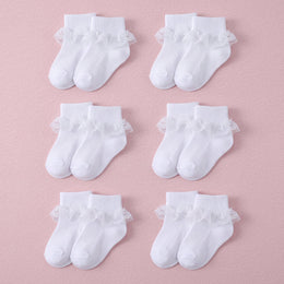 FRILLORA Baby Girl Ruffle Grip Socks with Lace Cuff - White - 6 Pairs