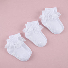 FRILLORA Baby Girl Ruffle Grip Socks with Lace Cuff - White - 3 Pairs