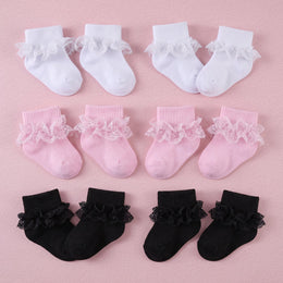 FRILLORA Baby Girl Ruffle Grip Socks with Lace Cuff - Black, White, Pink - 6 Pairs