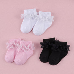 FRILLORA Baby Girl Ruffle Grip Socks with Lace Cuff - Black, White, Pink - 3 Pairs