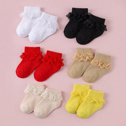 FRILLORA Baby Girl Ruffle Grip Socks with Lace Cuff - Black, White, Red, Khaki, Beige, Yellow - 6 Pairs