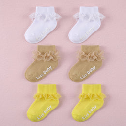 FRILLORA Baby Girl Ruffle Grip Socks with Lace Cuff - White, Khaki, Yellow - 3 Pairs