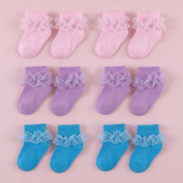 FRILLORA Baby Girl Ruffle Grip Socks with Lace Cuff - Purple, Blue, Pink - 6 Pairs