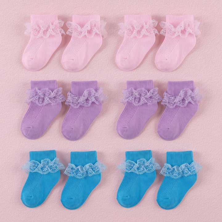 FRILLORA Baby Girl Ruffle Grip Socks with Lace Cuff - Purple, Blue, Pink - 6 Pairs