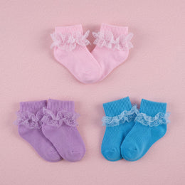 FRILLORA Baby Girl Ruffle Grip Socks with Lace Cuff - Purple, Blue, Pink - 3 Pairs