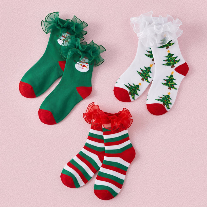 FRILLORA Women's Christmas Lace Ruffle Crew Socks, 3 Pairs - Multicolor - 3 Pairs