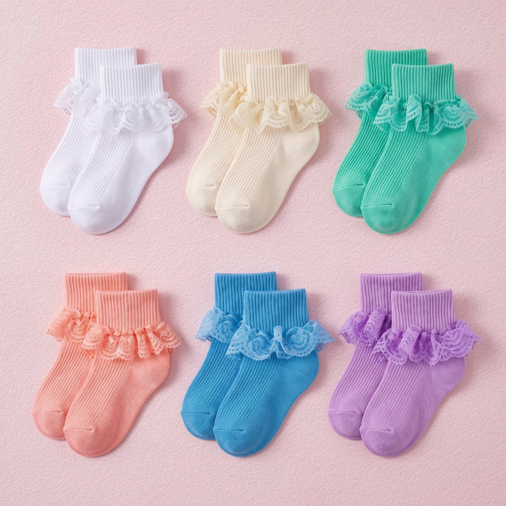FRILLORA Baby Girl Double-Lace Ruffle Socks - White, Beige, Green, Pink, Blue, Purple - 6 Pairs
