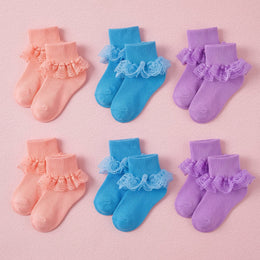 FRILLORA Baby Girl Double-Lace Ruffle Socks - Purple, Pink, Blue - 6 Pairs