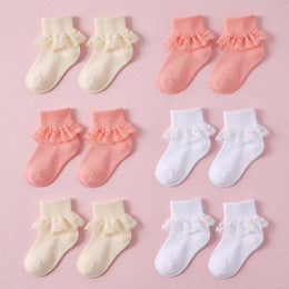 FRILLORA Baby Girl Double-Lace Ruffle Socks - White, Pink, Beige - 6 Pairs
