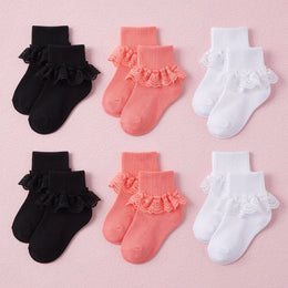 FRILLORA Baby Girl Double-Lace Ruffle Socks - White, Pink, Black - 6 Pairs