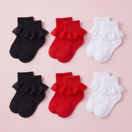 FRILLORA Baby Girl Double-Lace Ruffle Socks - White, Red, Black - 6 Pairs
