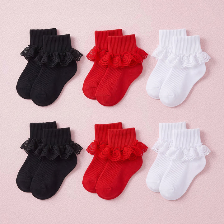 FRILLORA Baby Girl Double-Lace Ruffle Socks - White, Red, Black - 6 Pairs